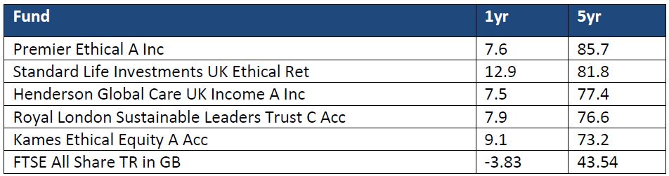 Top performing ethical funds in terms of 5 year performance